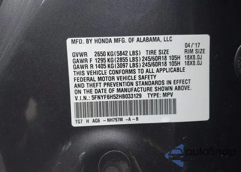 2017 Honda Pilot Ex-L from USA, damaged, VIN 5FNYF6H52HB033129